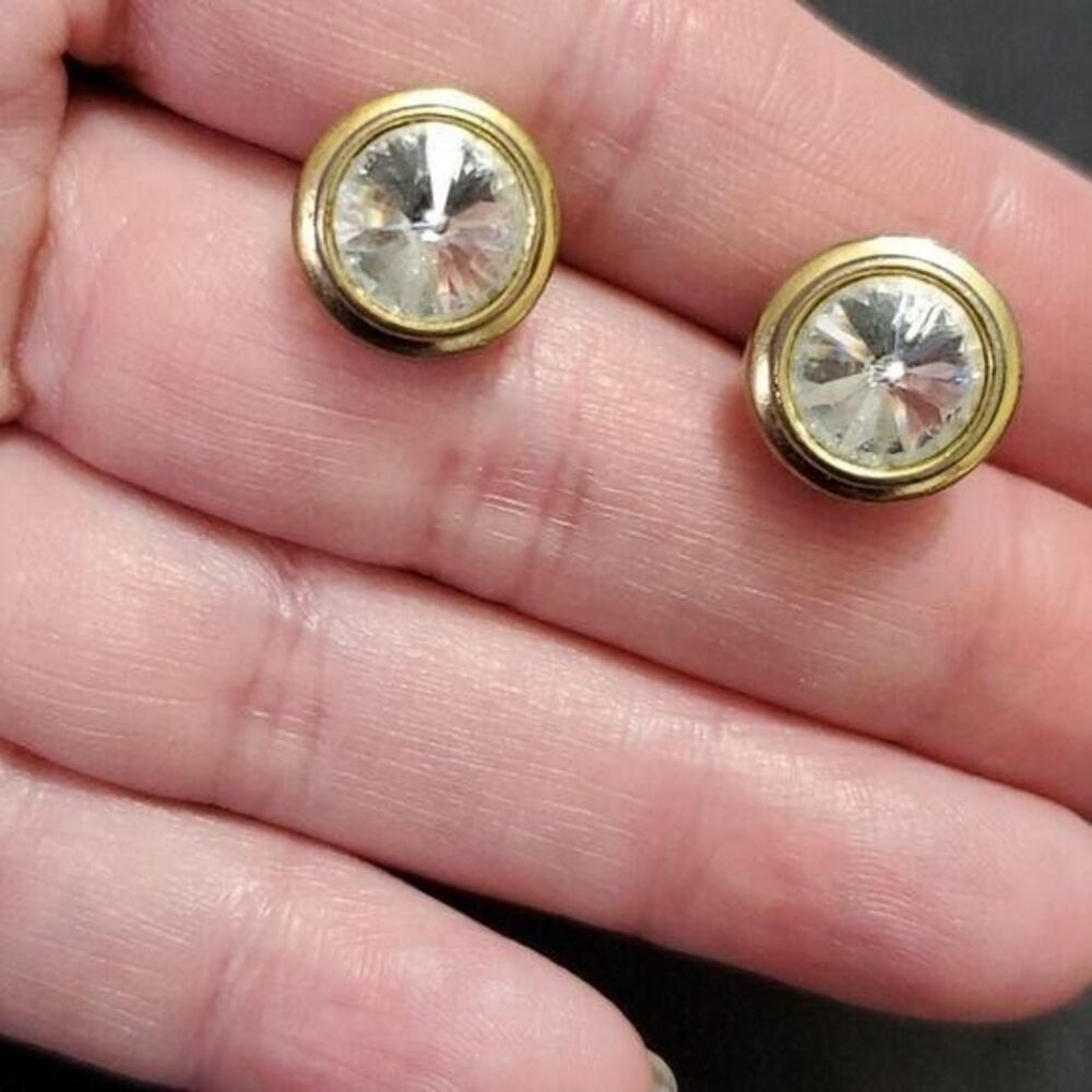 Vintage gold tone rhinestone earrings round circular